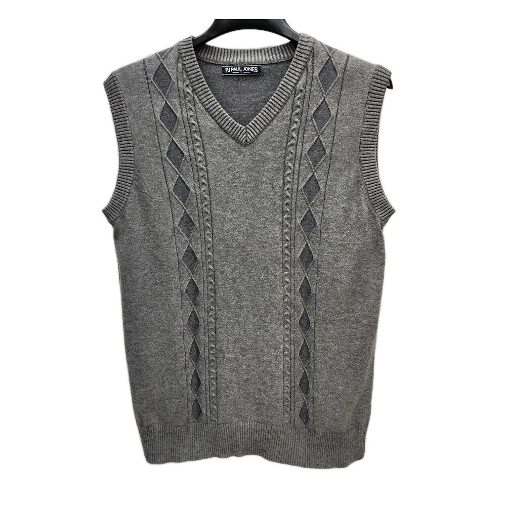 Paul Jones Sweater Vest Mens Large Gray Argyle Cable Knit Grandpacore Retro VTG
